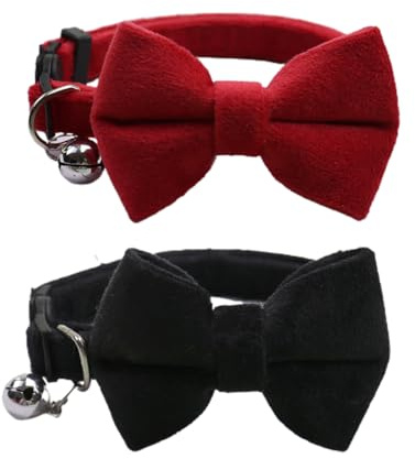 LEEQ 2 pièces Colliers en Velours pour Chat avec Clochette et nœud Papillon, Collier Doux Colliers réglables pour Chat, Chaton, Petit Chiot, nœud Papillon de sécurité, Couleur Unie, pour Mariage