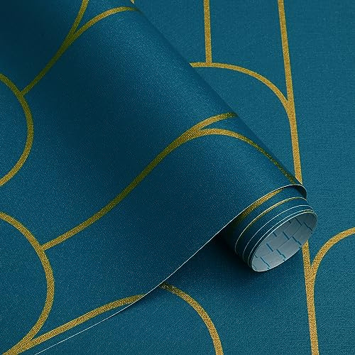 CiCiwind Carta da parati autoadesiva oro e turchese, carta da parati geometrica, 44 cm x 10 m, autoadesiva, impermeabile, per pareti, armadi, mobili in vinile