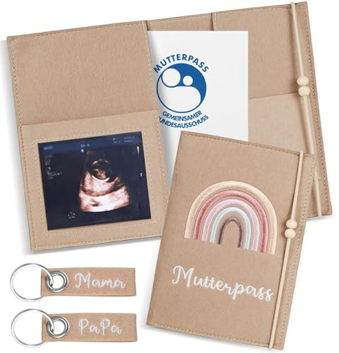 RAFIYU Mutterpass Schutzhülle mit 2 Schlüsselanhängern Filz, ÖSterreich Mutterkindpasshülle, mit Fächer für Ultraschallbild, Impfpass, Versichertenkarte, Hülle Mutterpass mit Gummiband