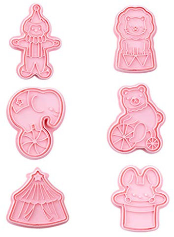 6 cortadores de galletas de animales de circo, cortadores de fondant, sellos de galletas, conejo, elefante, oso, tienda de campaña, payaso, kit de fabricación de moldes de silicona