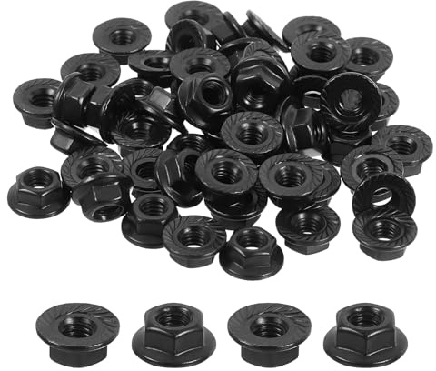 QUARKZMAN M4 x 0,7 mm räfflade flänsade hexagonala självlåsande muttrar, 50 st metrisk hexagonal flänsad mutter halkfri rostfritt stål 304, full tråd, polerad finish, svart