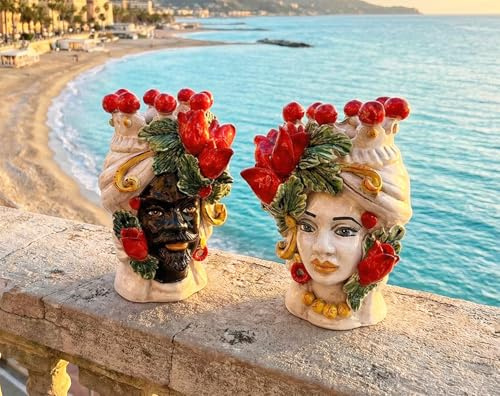 Generico Coppia teste di moro in ceramica siciliana di caltagirone realizzate e decorate a mano artigianalmente (Tulipani Rossi)