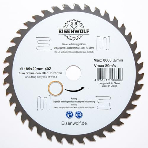 Eisenwolf Hoja de sierra circular de 185 x 20 mm, totalmente endurecida y tensada, duradera y resistente, para madera con 40 dientes TCT inclinados y cortes láser para reducción de ruido