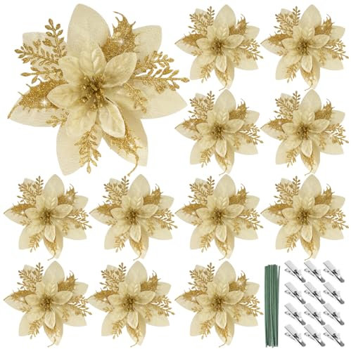 BOFUNX 12pcs Fiori di Natale Glitterati Fiori per Albero di Natale Fiori Artificiali Natale Glitter Ornamenti Addobbi per Decorazione Natale Capodanno Matrimonio Festa