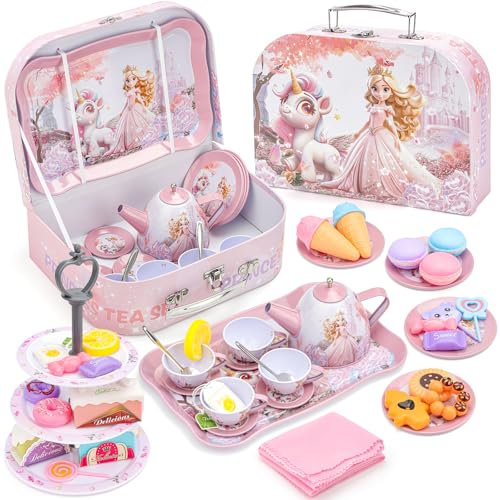 deAO 46 Pcs Teeservice Kinder, Teeservice Set für Kinder, Spielzeug-Tee-Sets, Zinn Tee Set Tragekoffer mit Dessert-Spielzeug für Geschenk Mädchen Spielzeug 3 4 5 6 7 8 9 Jahre (Rosa Einhorn)