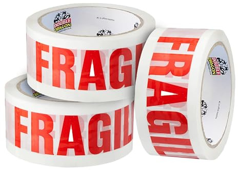 Double Dragon Extra Thick Fragile Printed Tape – 48mm wide, 66m long (Pack of 3) | Tear-Resistant, High-Tack & Long-Lasting | Ideal for Packing, Moving, Shipping, Labelling | Fits Dispensers etc