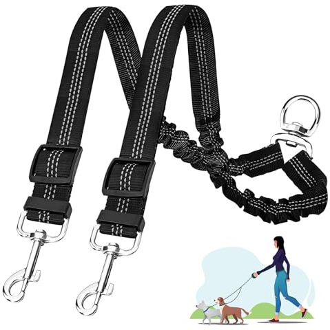Double Dog Lead for Walking 2 Dogs No Tangle,Safety Handle,360° Tangle-Free,Reflective,Adjustable Shock Absorbing,Double Dog Lead-No leash-Black (for Pets 10-25kg)