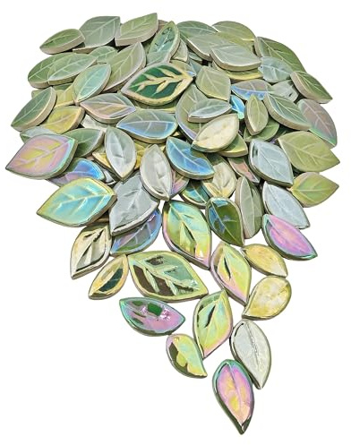 500g/1.1lb Leaf-Shaped Ceramic Mosaic Tiles,Ceramic Mosaic Pieces for Crafts,Home Decoration or DIY Crafts,Mosaic Making Supplies. (Iridescent Light Green)