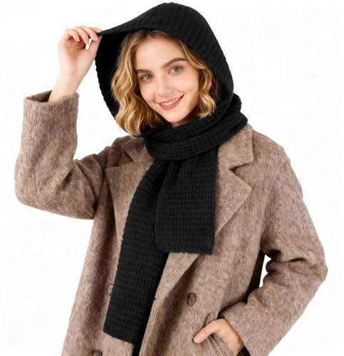 TAGVO Knitted Hooded Scarf for Women, 2 in 1 Winter Hat and Neck Warmer, Soft Thermal Balaclava for Autumn & Mild Winter Outdoor