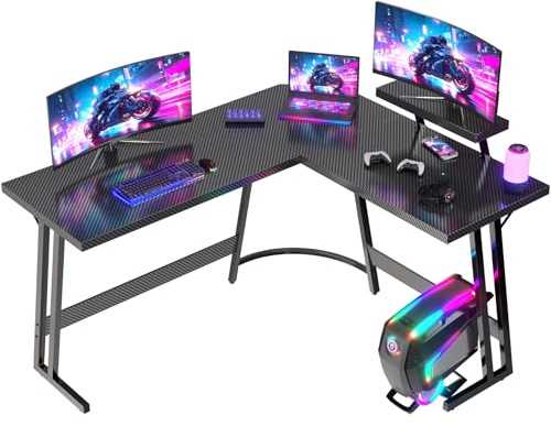 JUMMICO Scrivania Angolare, Scrivania Gaming 150x130cm - Tavolo da Gioco a L con Supporto Reversibile per lo Schermo - Versatile (gioco/lavoro/studio) - Rivestita in Carbonio - Nero