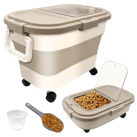 Contenitore per Cibo per Animali Domestici Pieghevole da 7-10kg, Contenitore per Cibo per Cani e Gatti, Set Completo con Paletta, rotelle, Misurino, Ermetico e Portatile per Crocchette e Snack
