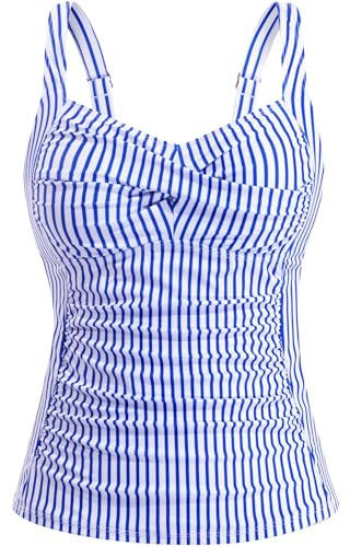 Blue Striped Underwire Tankini Tops for Women - Tummy Control Swim Top Only 2025 Twist Front Bathing Suit Top No Bottom L