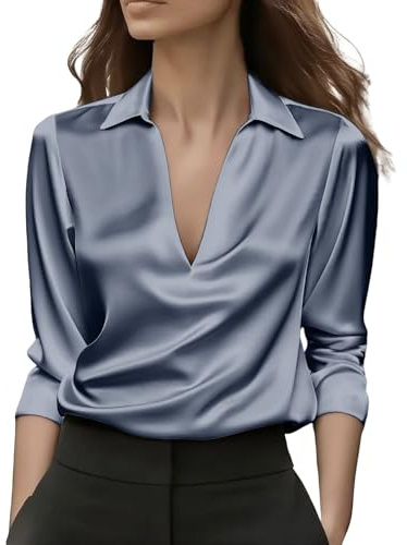 Camicetta Da Donna Elegante Camicetta Seta Con Scollo a V Blusa In Chiffon Basic Camicia In Raso Da Lavoro a Maniche Lunghe Button Down Maglietta Ufficio Classico Slik Top Business Sciolto Casual