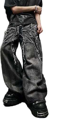 Pantalon Baggy Gothique Y2K, Jean Large Déchiré Pantalon Droit Brodé Jean Denim Vintage Hip Hop Grunge(X-Large)
