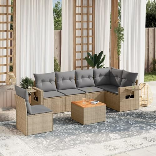 IBUQDDV Set di 7 divani da giardino con cuscino, beige, in polyrattan, design modulare con rivestimenti rimovibili e pratici ripiani pieghevoli, tavolo stabile in legno di acacia