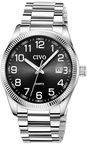 CIVO Silber Herrenuhr Leicht Lesbar: Edelstahl Analog Großes Zifferblatt Schwarz Wasserdicht - Geschenk für Senioren mit Sehschwäche