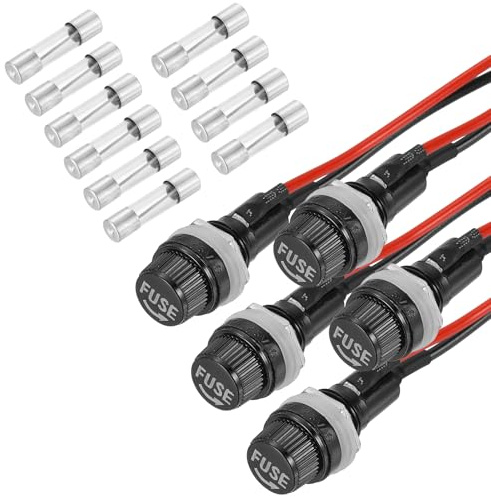 QUARKZMAN 5 Pcs Support De Fusible Montable sur Panneau, 6 x 30mm 10/15A DC 125/250V Bornes À Anneau Capuchon À Vis Porte-Fusibles avec Fils Pré-Soudés Et Fusibles À Tube De Verre 10A/15A