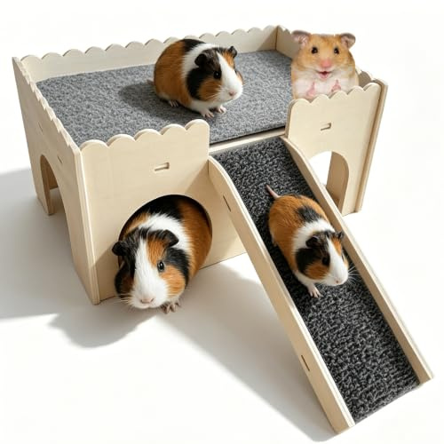 PRITOK Wooden Guinea Pig House: 38×25×18 cm Guinea Pig Castle with Ramp, Guinea Pig Hideout Multi-Tier, Small Animal House Habitat with 4 Entrances for Rat, Hamster, Hedgehog Hiding and Playing