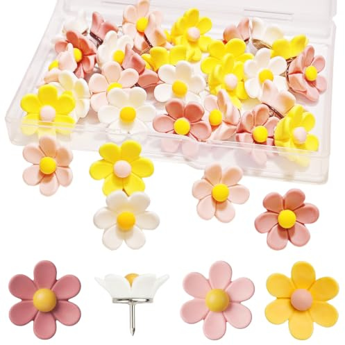 32PCS Drawing Pins for Notice Board, Thumb Tacks, Push Pin for Cork Board | 4 Colors Cute Flower Pin Board Pins, Perfect For School & Office Use