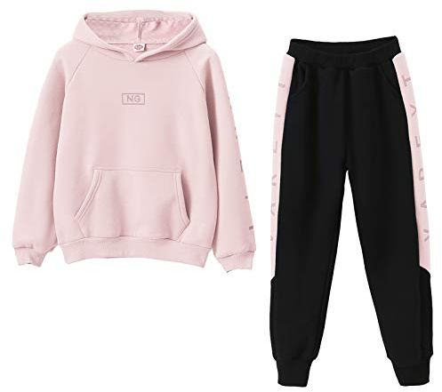 SXSHUN Tuta Sportiva da 2 Pezzi per Bambina Tuta Sportiva Tuta da Jogging Completo di Felpa e Pantaloni Motivo a Righe con Lettere, Rosa, 15-16 Anni