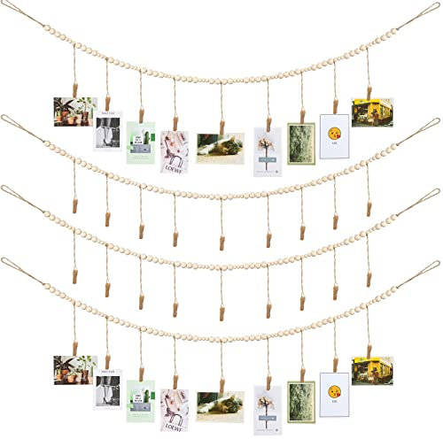 Jetec 4 Pieces Photo String with Clips, 4 Ft Boho Wooden Bead Garland Photo Display Frame for Dorm Room Bedroom Classroom Cubicle Decor, Hanging Picture Holder, Teacher Nurse Appreciation Gifts
