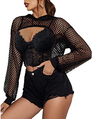 Avidlove Black Fishnet Top Long Sleeve Crop Top Hoodie Mesh T Shirts for Women Black M