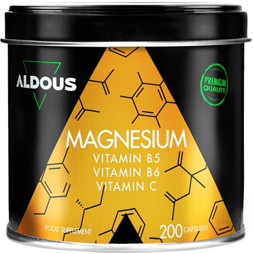 Citrato de Magnesio 1500 mg - 200 Cápsulas - Magnesio Puro 450mg + Vitamina C, B6, B5 Dosis Diaria - Magnesio Alta Biodisponibilidad - Vitaminas para el Cansancio y Fatiga - ALDOUS