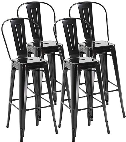 HOMCOM Juego de 4 Taburetes de Bar con Respaldo Alto Silla de Comedor de Metal con Reposapiés para Comedor Carga 120 kg 44x46x116 cm Negro