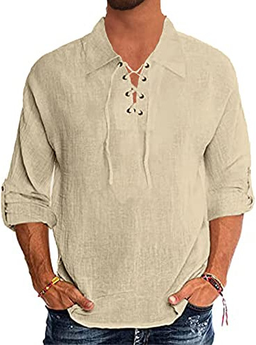YAOBAOLE Chemise Manche Longue en Lin pour Homme, Vintage Médiévale Vétements Viking a Lacets Pirate Shirt