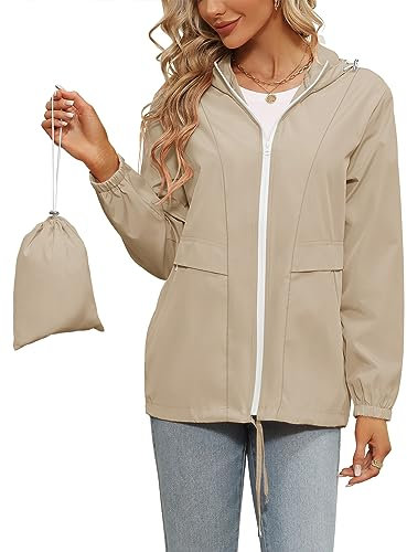 Tisfeer Rain Coats for Women Waterproof Lightweight Summer Jackets Packable Hooded Outdoor Windbreaker(Khaki,S)