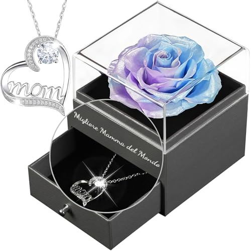 Yamonic Festa della Mamma Idee Regalo,Rosa Eterna con Collana Argento 925,Migliore Mamma del Mondo,Rosa Stabilizzata Vera Confezione Regalo Donna Compleanno Natale San Valentino