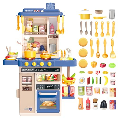 deAO Cocina Juguete Niños, Cocinas Infantiles Incluye 50 Accesorios, Grifo con Bomba de Agua, Luces, Sonoras y Vapor, Educativos Juego de Cocina para Niños, Regalos de Cumpleaños, Navidad +3 Años