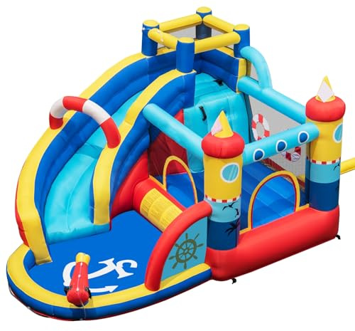 LIFEZEAL Uppblåsbart slott för 4 barn 3–12 år, vattenpark, säkerhetsnät, spel, rutschkana, hoppzon, pool, vattenkanon, inomhus, utomhus, navigeringstema (utan blåsare)