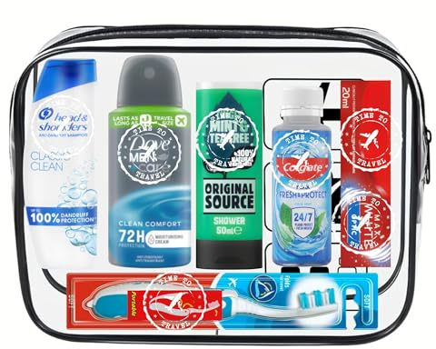 Ensemble d'articles de toilette de voyage pour homme Essentials | Mini articles de toilette de voyage dans un sac de voyage approuvé par l'aéroport Hubsidia, transparent, Format voyage