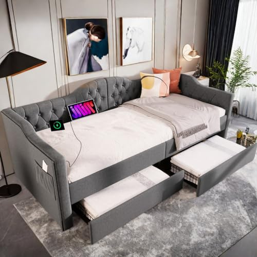 Sapgaks Canapé lit canapé Parure de lit 90 x 190 Cadre de lit et Tiroirs, lit 1 Personnes, Lit Coffre avec Port USB de Type C et 2 tiroirs, lit Simple avec sommier à Lattes, Gris (sans Matelas)