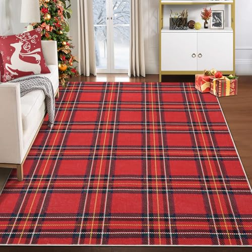 CAROMIO Tappeto per interni lavabile in lavatrice, per camera da letto e soggiorno, con retro antiscivolo, morbido, decorazione natalizia, 120 x 170 cm, colore: rosso