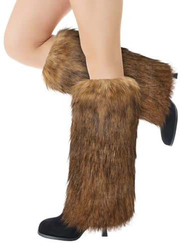 XEPST Faux Fur Fuzzy Leg Warmers Furry Boot Covers for Women, Women's Fur Leg Warmers Warm Fuzzy Boot Cuff Boot Sleeves for Party Costumes, Tie Dye Style, Coffe + Black