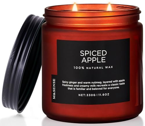M&SENSE Gewürzter Apfel Duftkerzen 330g natürliche Sojawachskerze Spiced Apple 2 Wick Fragrance Strong Scented Candle bis zu 70 Std. Brenndauer stark duftende Herbstkerzengeschenk für Weihnachten
