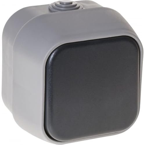 Interruptor Unipolar IP54 Gris 7x7x5 cm, resistencia al agua y al polvo, ideal para controlar iluminación en exteriores.