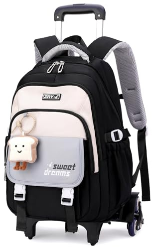 Amythe Schulrucksack Trolley für Mädchen, Teenager Rucksack Schule mit Rollen, Abnehmbar Trolley Schulranzen für Grund- und Sekundarschüler, Daypack für Reise mit 6 Räder，36L -Schwarz