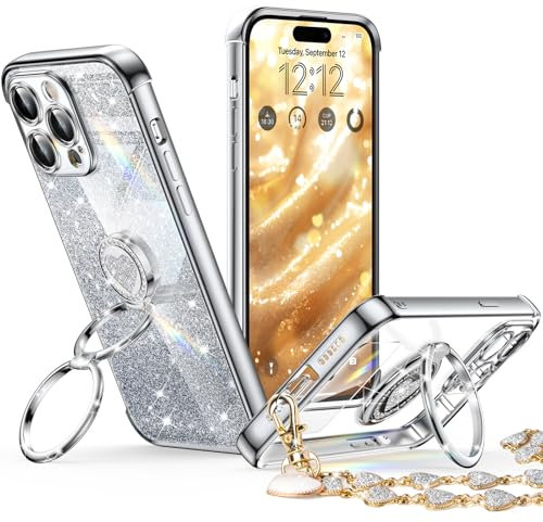 XYZ for iPhone 14 Pro Case with Stand, Phone Case with Double Ring Kickstand, Women Girls Bling Luxury Glitter Clear Phone Case Cover Heart for iPhone 14 Pro, Silver