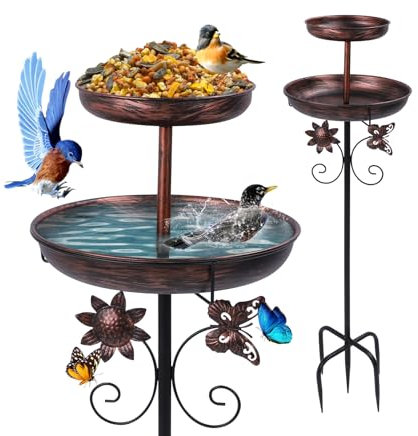 Abbeveratoio e mangiatoia per uccelli esterni, 106 cm, doppio strato, metallo vintage, picchetto 5 rami, bacino rimovibile, leggero, ideale uccelli selvatici, decorazione giardino, patio, cortile,