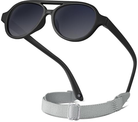 RIVBOS Baby Aviator Wrap Polarized UV400 Sunglasses - Soft Frame with Secure Strap for Toddler,Infant and Newborn (0-18 Months) Black&Grey Lens RBK068