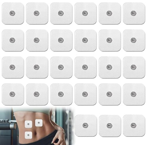 Massageelektroder ersättningsset 50 stycken 4 x 4 cm självhäftande gelkuddar med 3,5 mm tryckknappsanslutning vit, kompatibel med EMS/TENS-enheter, ersättningsdynor för terapi och muskelstimulering