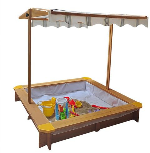 SAYEYBU Wooden Sandbox with Lid, Height Adjustable Roof, Outdoor Sandbox for Kids, Sand Protection Liner for Aged 3-8, Outdoor Sand Pit for Backyard Garden,Log color