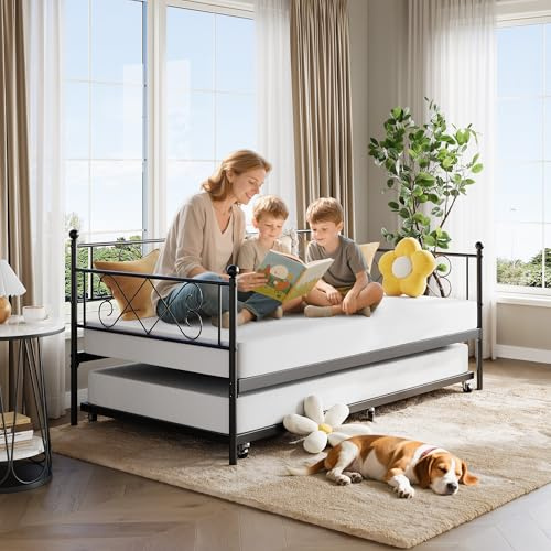 IDEALHOUSE Daybed with Trundle, Trundle Bed Twin with Heart-Shaped Headboard, Sturdy Metal Day Bed with Steel Slat Support, Twin Daybed for Living Room, Bedroom and Guest Room, Easy Assembly, Black