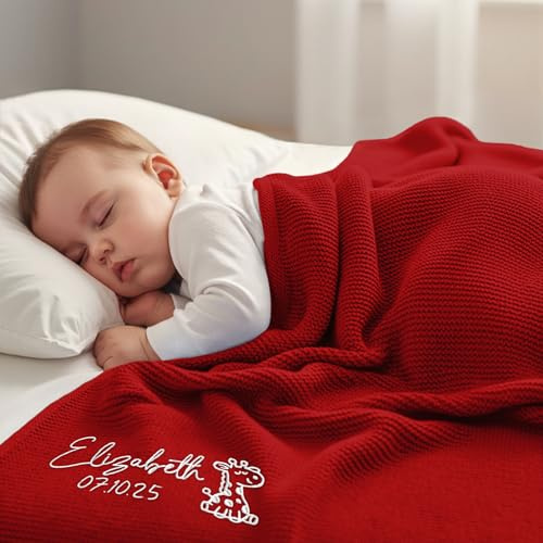 Stepdiy Coperta personalizzata con nome per neonato e bambina, 100% cotone, 80x100 cm, baby shower e primo Natale (Rosso)