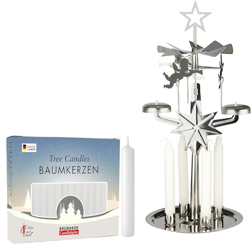 BRUBAKER Carillon Luminoso con Set di 12 Candeline Piramidali Bianche - Portacandele in Metallo con Angeli, Argento - Piramide da Tavolo Girevole per Candele da Tè - Decorazioni di Natale