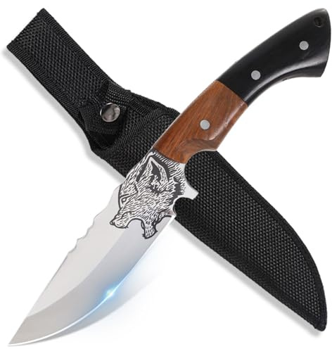 Couteau Outdoor 27cm – Lame Straight-Back avec Dos Dentelé et Gravure Tête de Loup Rugissant, Poignée Multicouche en Bois de Hêtre et Résine Noire avec Repose-Doigt, Compagnon Robuste pour la Nature