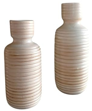 Jarrones de Cerámica Artesanal, Forma Botella, Beige Natural, 40cm y 35cm, Set de 2, Diseño Acanalado, Estilo Contemporáneo, Decoración del Hogar